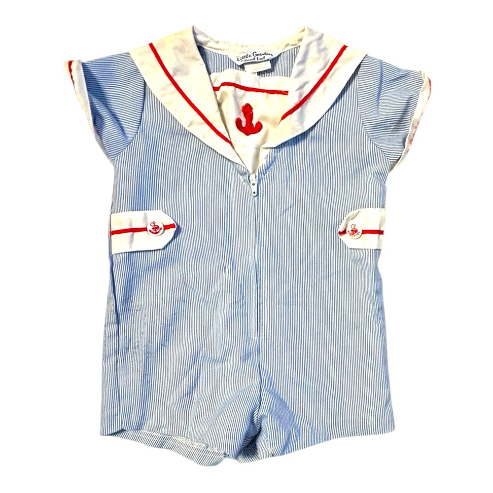 Vintage Boy Nautical Striped Sailor Romper 12 Months Zip Up Button Yoke